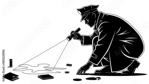 Detective Investigating Crime Scene with Forensic Tools and Evidence