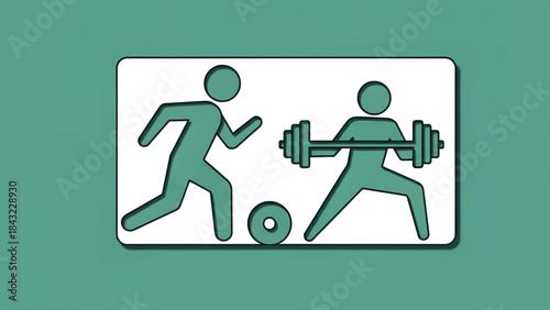 Sports Icons Soccer Player Kicking Ball  Weightlifter Lifting Barbell on Green Background
