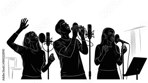 Three singers performing in a recording studio with microphones and headphones