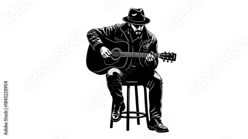 Man playing guitar on stool in black illustration