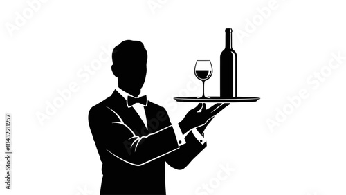A waiter serving wine and a glass on a tray in a sophisticated environment