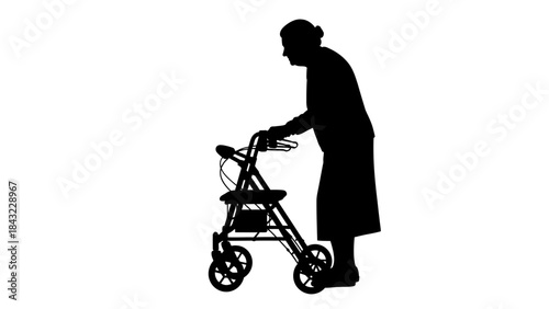 Elderly person walking with walker in a serene environment seen from the side