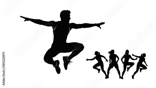 Athlete jumping in mid-air with other runners in the background