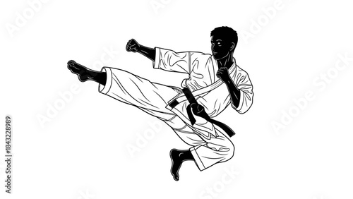 A martial artist performs a dynamic kick in mid-air during a demonstration
