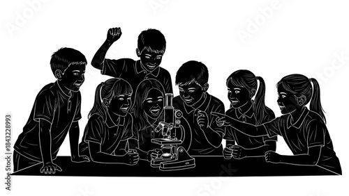 Children gathered around a microscope, excitedly observing a specimen in a laboratory setting