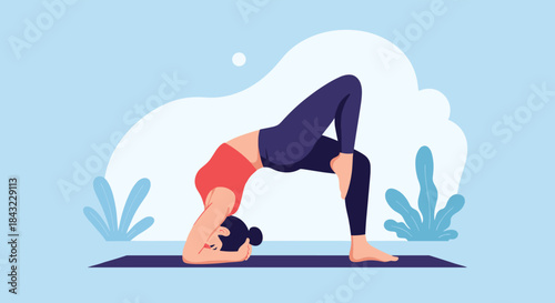 A woman performs a modified bridge yoga pose with her head resting on her forearms on a mat in a light blue minimalist illustrated setting.