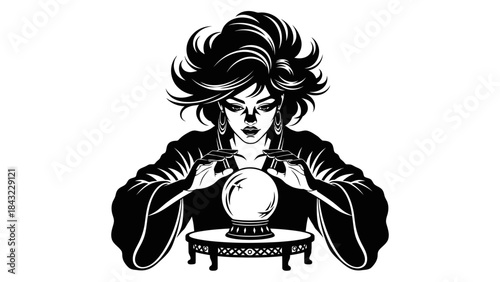 Mysterious Fortune Teller Gazing into Crystal Ball with Mesmerizing Intensity