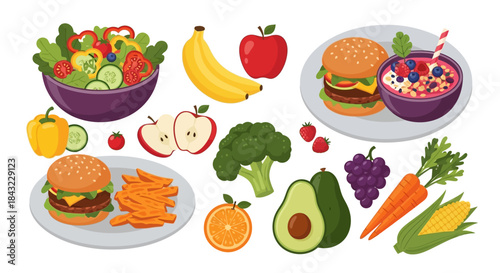 Healthy Food Variety - Salad, Fruits, Vegetables, and Burgers.