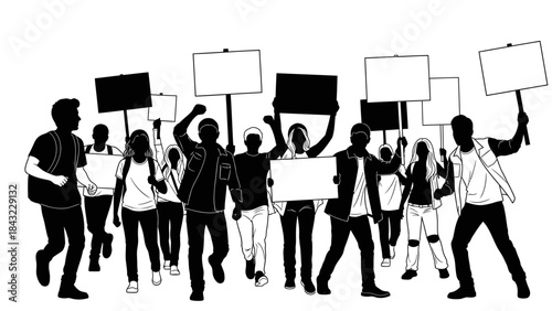 Group of diverse people marching with protest signs in the street