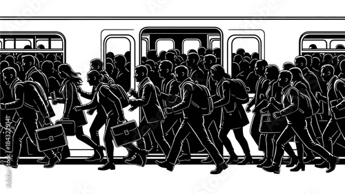 Commuters Rushing to Board Train at Busy Station Platform