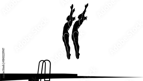 Two divers in mid-air performing a synchronized dive from a diving board