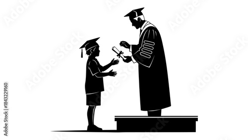 A professor presents a diploma to a young graduate in a monochrome illustration