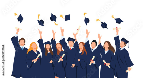 Joyful graduates in caps and gowns celebrate their academic achievement by throwing their hats into the air during a graduation ceremony.