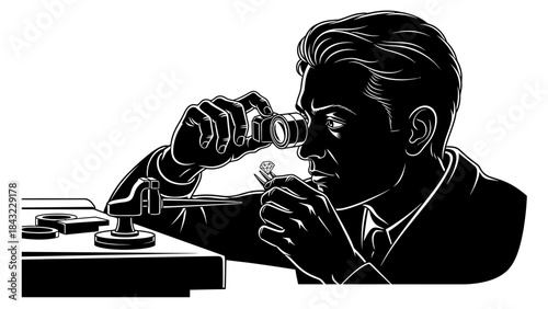 A man examines a specimen through a microscope lens