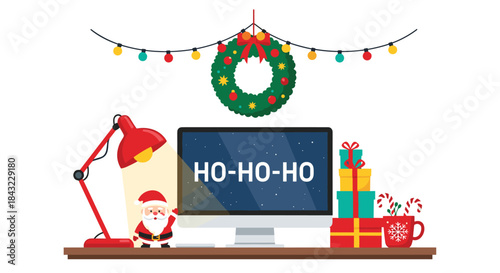 A cozy Christmas desk setup with a computer screen displaying \.