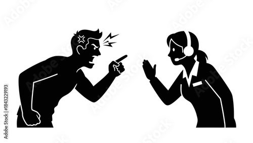 Man pointing aggressively at woman wearing headset in confrontation