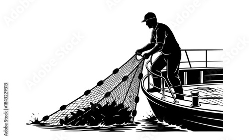 Fisherman hauling in a large catch of fish on a boat in the ocean