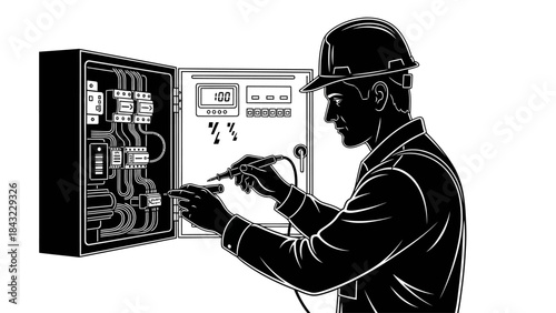 Professional Electrician Testing and Maintaining an Industrial Electrical Control Panel with Specialized Equipment