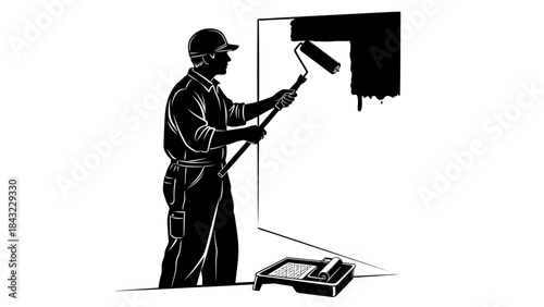 Dedicated worker silhouette applying fresh paint to an interior wall using a long roller, symbolizing home renovation and professional improvement services