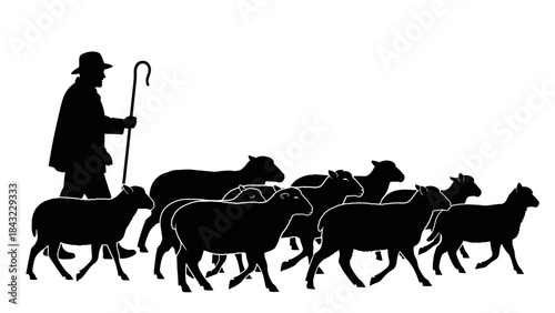 Timeless silhouette of a shepherd leading a flock of sheep, symbolizing protection, guidance, and the traditional bond between human and livestock in rural life