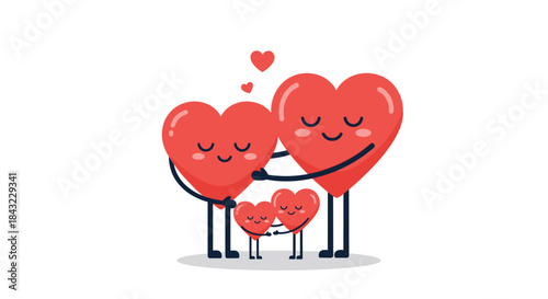 Cute cartoon heart family with parents and two children hugging, surrounded by smaller floating hearts, on a clean white background.