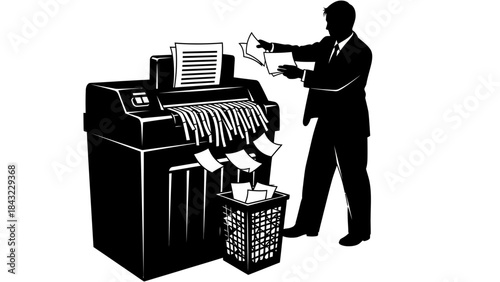 Silhouette of a businessman destroying documents with a paper shredder in an office setting