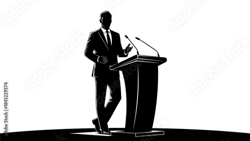 A confident man in a suit stands behind a podium, addressing an unseen audience with a microphone present