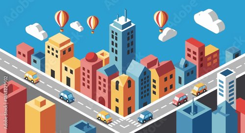 Isometric Cityscape with Buildings, Cars, and Hot Air Balloons.