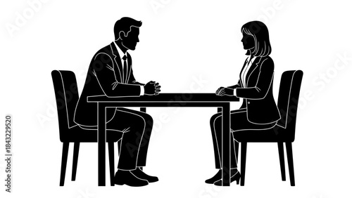 Silhouette Vector Two Business Professionals in a Formal Meeting, Interview, or Discussion at a Table