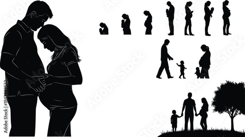 Pregnancy and Family Silhouette Vector Set Showing Expecting Couple, Parenthood Stages, and Emotional Moments on White Background for Stock Use