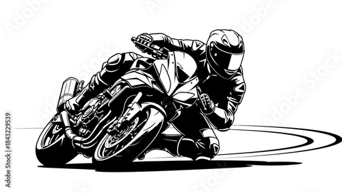 Dynamic high-speed motorcycle racer carving a sharp turn on the track, showcasing thrilling athletic skill and agility in motion