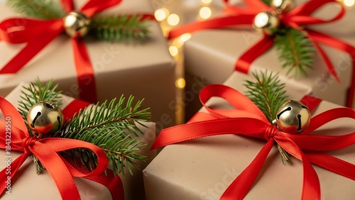 Close-Up of Jingle Bells on Christmas Gifts for Retailer Landing Pages or Seasonal Sale Promotions.