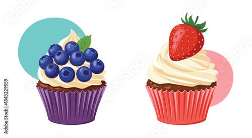 Two delicious cupcakes, one topped with fresh blueberries and a mint leaf, the other with a ripe strawberry, perfect for a sweet treat.