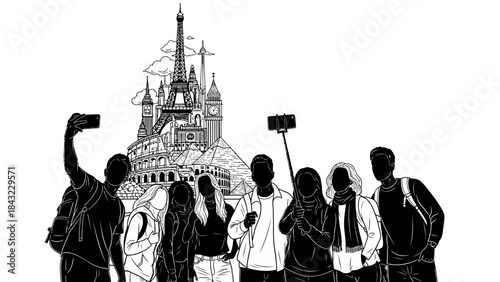 Conceptual digital art featuring diverse travelers taking smartphone selfies against a backdrop of iconic global landmarks, symbolizing modern tourism and shared experiences