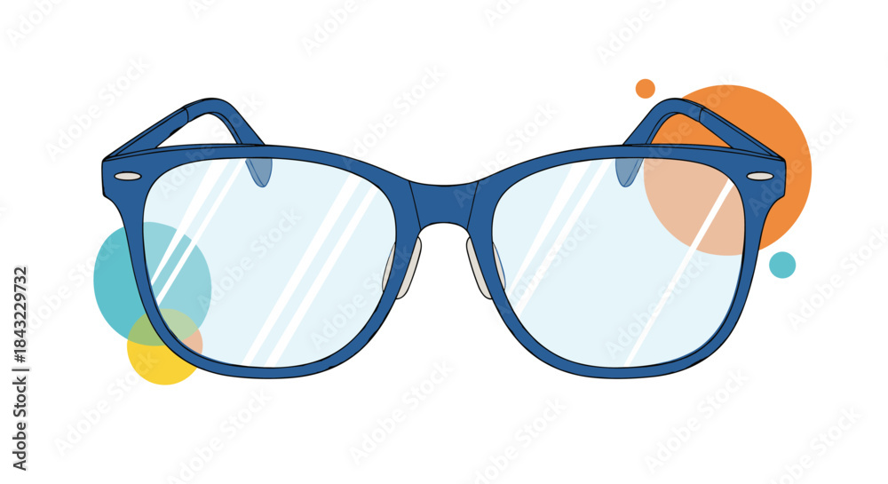 Fototapeta premium Stylish blue-framed glasses with clear lenses and playful abstract colorful circles on a white background, representing vision and fashion.