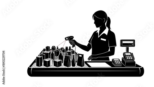 Monochrome silhouette of a female cashier efficiently scanning customer products at a modern supermarket checkout station, illustrating retail operations