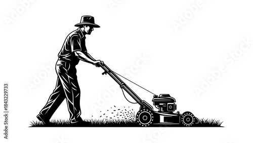 Classic illustration of a man diligently mowing a lawn, showcasing garden maintenance and outdoor work activity