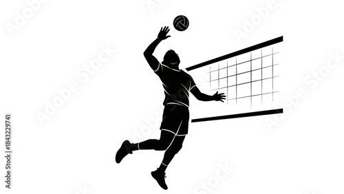 Silhouette of a volleyball player jumping to spike the ball over the net during a game