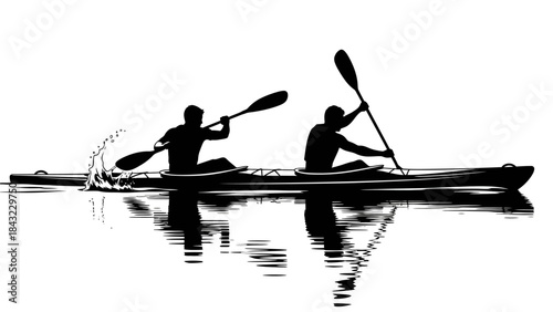 Dynamic silhouette of two individuals collaboratively paddling a tandem kayak on tranquil waters, symbolizing teamwork and outdoor aquatic sports