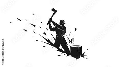 Silhouette of a strong lumberjack chopping wood with a powerful axe, fragments exploding outwards