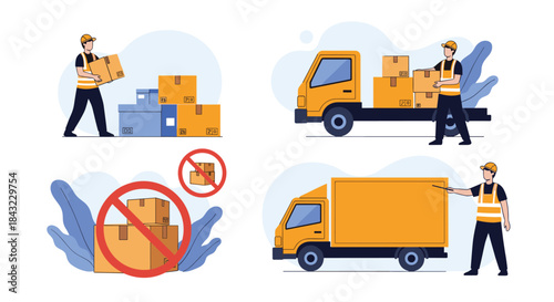 Logistics workers demonstrating proper and improper package handling, stacking, and truck loading for safe delivery operations.
