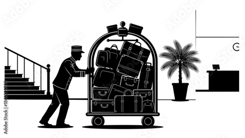 Hotel bellhop pushing a bell cart full of luggage in a lobby