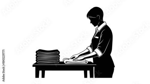 Monochrome illustration of a dedicated service professional precisely folding textiles, embodying orderliness and meticulous care