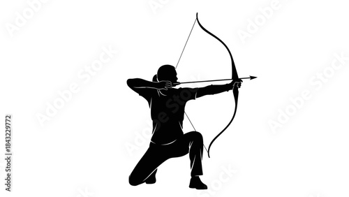 Dynamic silhouette of an archer kneeling, aiming a bow and arrow with intense focus, embodying precision, strength, and the spirit of competitive archery