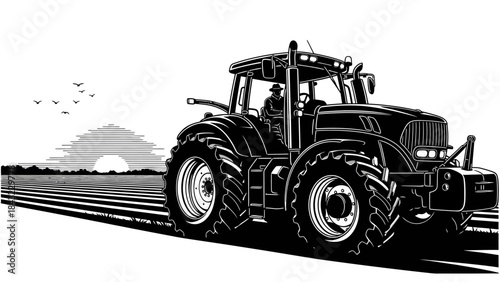 Vigorous farm tractor diligently cultivating vast open fields under a sweeping sky, symbolizing agricultural innovation and the enduring spirit of rural endeavor
