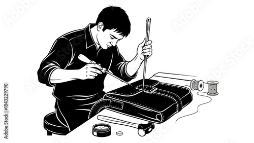 Focused artisan meticulously handcrafting a bespoke leather bag using traditional tools and expert techniques, embodying manual skill and dedication