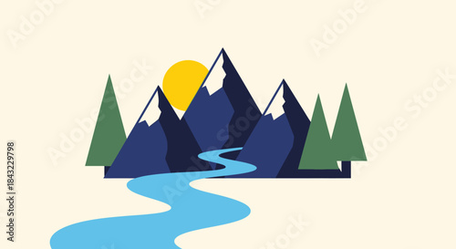 Mountain Landscape with River and Trees Illustration.
