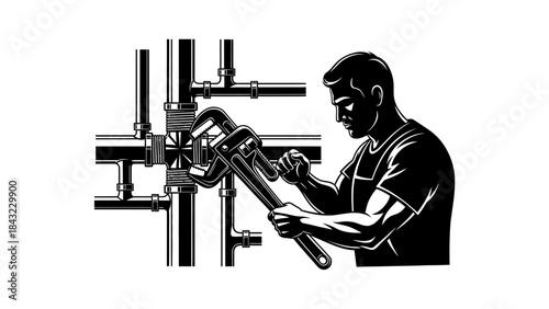 Professional Plumber Skillfully Tightening and Adjusting Complex Pipe System with a Heavy-Duty Wrench for Maintenance and Repair Services