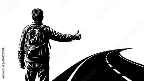 Dynamic black and white illustration of a solo backpacker hitchhiking on a winding road, embodying the spirit of adventurous travel and exploration