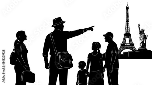 Experienced tour guide pointing to iconic global landmarks for a diverse group of travelers exploring world destinations